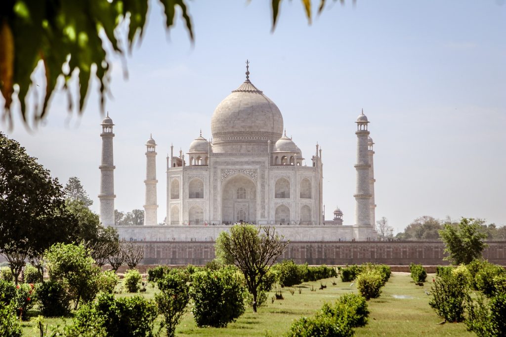 Taj Mahal viewed across landscaped gardens in Agra, India